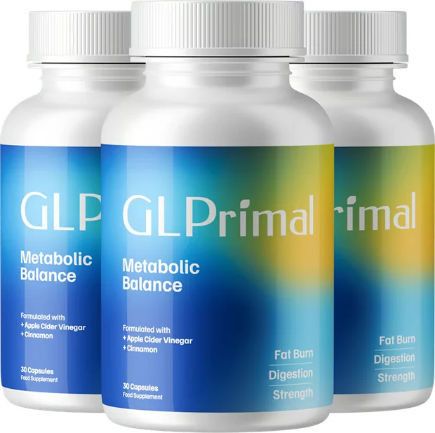 Tre burkar GLPrimal Metabolic Balance uppställda på genomskinlig bakgrund